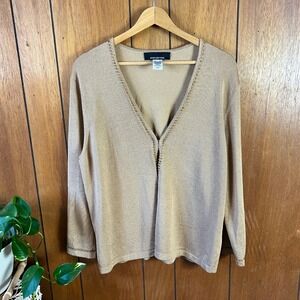 Jones New York Gold Metallic Beaded Cardigan Sweater XL Evening Holiday Sparkle